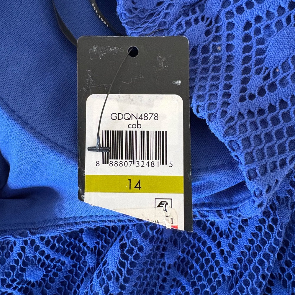 New Guess Blue Geometric Lace Sheath Midi Dress Size 14 - Picture 16 of 17